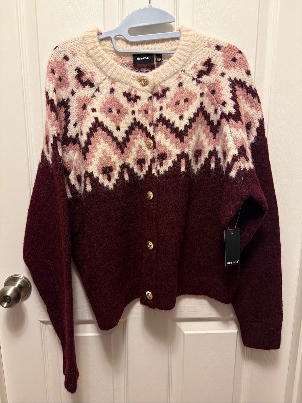 RD Style Burgundy, Pink & Cream Fair Isle Button-Up Cardigan